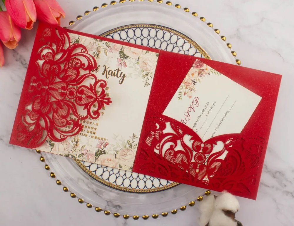 10pcs/lot pearl paper square pocketfold cards Laser Cut Wedding invitation Cards three folded Greeting cover for party supplies
