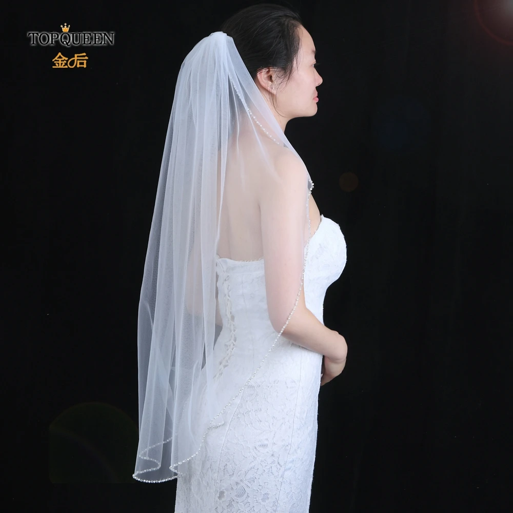 

TOPQUEEN V34 Short Bridal Veils Tulle Veil Wedding Hair Accessories White Ivory Child Wedding Veil Crystal Pearl Side Veil Comb