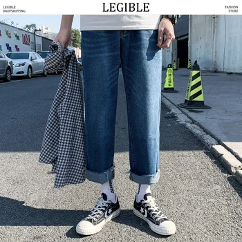 

LEGIBLE 2020 Spring Summer solid Jeans Mens Casual Denim Pants Loose Fit Trousers Straight Ankle-Length Pants Men