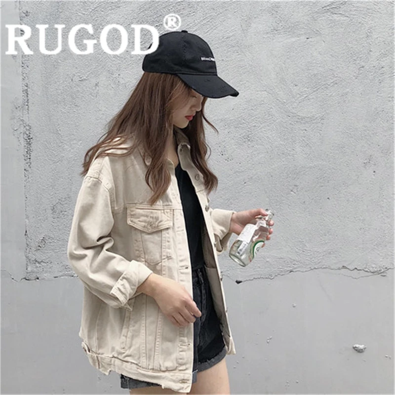 

RUGOD Women solid apricot denim jacket turn down collar vintage slim overszie jean coat new fashion female harajuku outerwear