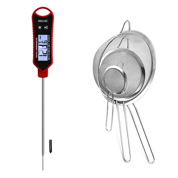 

1x Instantly Read Waterproof and Fast Meat Thermometer & 3x Stainless Steel Fine Colander Sieve Sifters with Long Handle