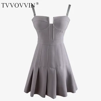 

TVVOVVIN 2020 Summer New Solid Zippers Sexy Dress Pleated Patchwork Girl Female Streetwear Fashion Casual Strapless A967