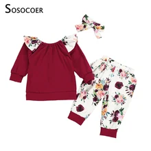 SOSOCOER/комплект одежды для новорожденных девочек; сезон весна-осень; Однотонная футболка+ штаны с цветочным рисунком+ повязка на голову; комплект из 3 предметов; одежда для малышей