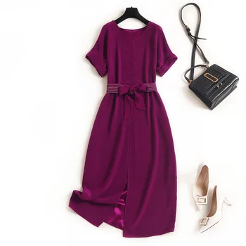 

Women elegant dress summer 2020 high quality short batwing sleeve sashes front slit office lady brief dresses