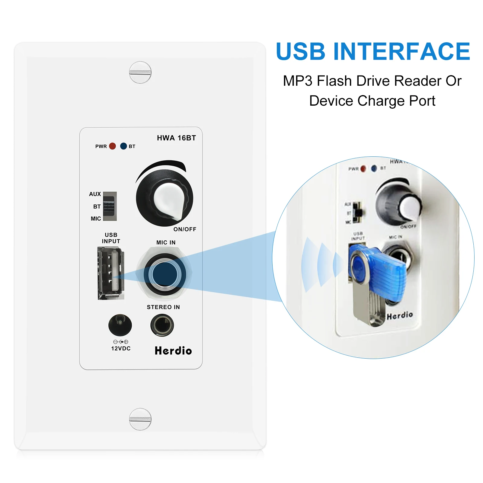 Herdio In Wall Bluetooth Audio Control Amplifier Receiver Wall Plate With USB Microphone Input For Sound Systems Home Theater