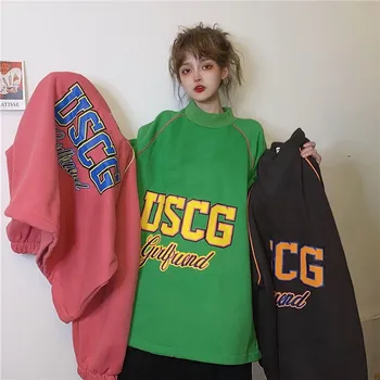 

Autumn winter new Korean Harajuku thickened plus velvet turtleneck sweatshirt schoolgirl coat women pullover jacket Candy Color