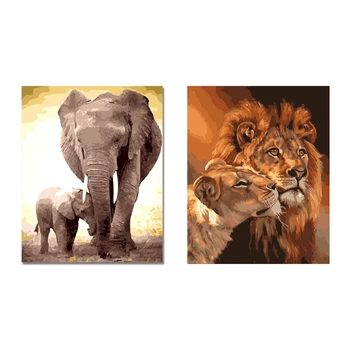 

2 Set Diy Oil Painting, Paint By Number Kit-16X20Inch (Frameless) Two Elephants & Lion Kings