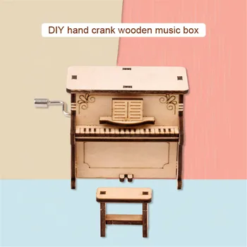 

3D DIY Wooden Puzzle Wind Up Kids Music Box Mini Desktop Decor Piano Hand Cranked Music Box Play Castle Toys for Children Gift