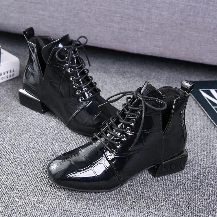 

Classics Fashion Women Autumn Ankle Boots Solid Patent Leather Vintage Short Boots Square Toe Med Winter Shoes Plus Size