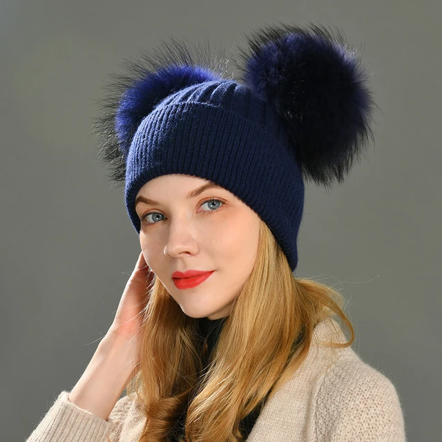 Hat, Wool Ribbed Knit Hat with Genuine Fur Pom Pom, Multiple