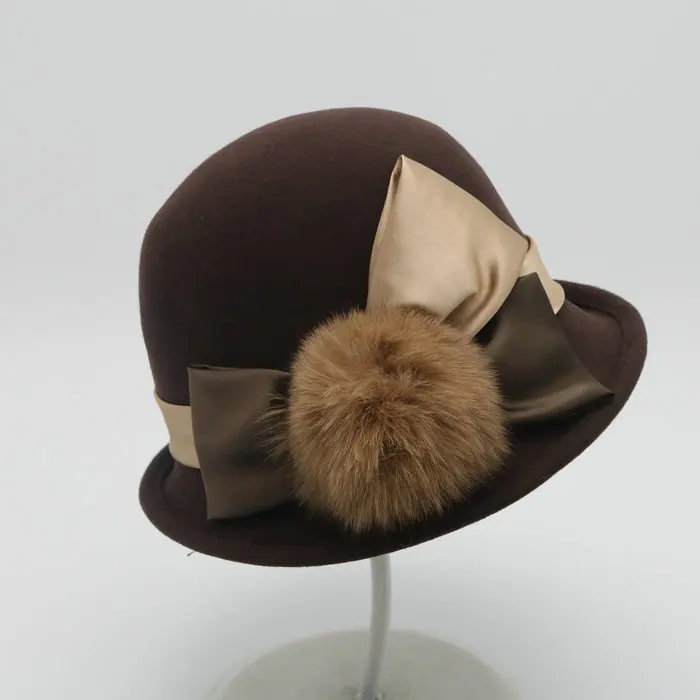 01909-baoliu-pompon winter bowknot wool dinner formal lady bucket cap women outdoor leisure hat