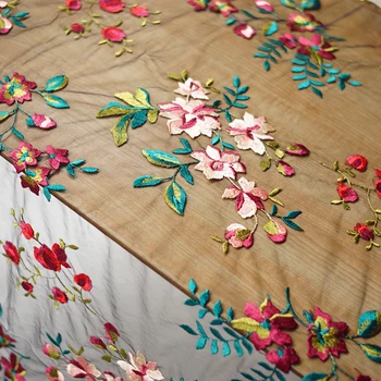 

High quality soft mesh yarn fabric Colorful Embroidery Rose patchwork High end customized gown dress material