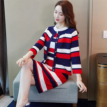 

Knitted Striped 3 Pieces Set Women Single-Breasted Cardigan + Short Sleeve Pullover Tops + Bodycon Skirt Suit Women's Sets 2019