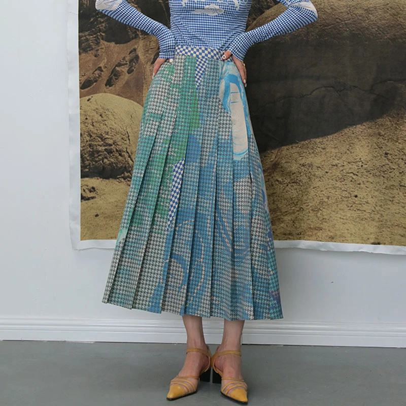 CHICEVER плиссированная клетчатая Женская юбка с принтом контрастный цвет полубоди высокая эластичная талия юбка женская модная весенне-осенняя