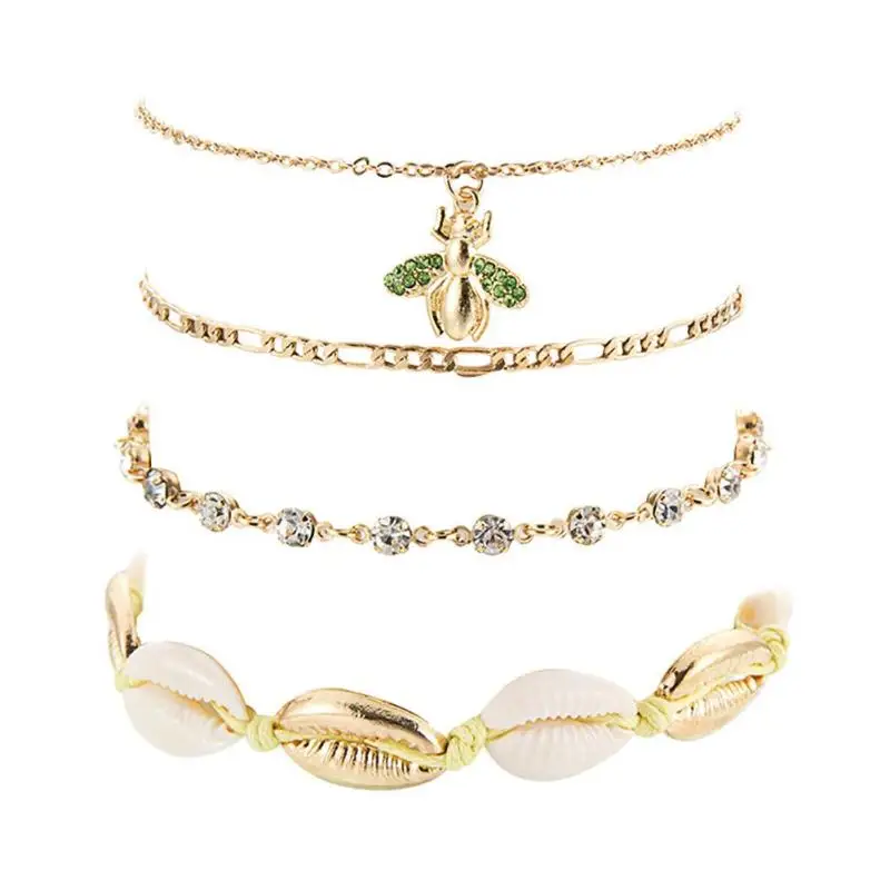 

4pcs Shell Bee Rhinestone Anklet Boho Ethnic Foot Bees Inserted with Shell Knitting Ropes Chain Women Charm Jewelry Gift