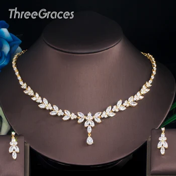 

ThreeGraces Brilliant Clear CZ Water Drop Pendant Yellow Gold Big Necklace Earrings Bridal Luxury Wedding Jewelry Sets TZ528
