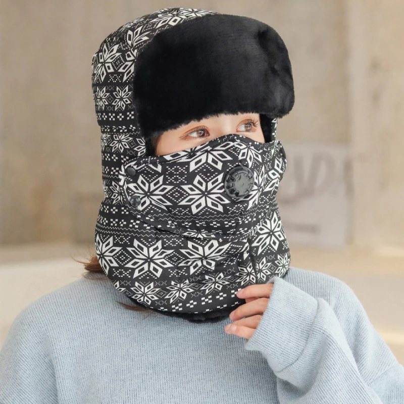 HT2764 Men Women Winter Fur Hat Thick Warm Mask Neckwarmer Bomber Hat Unisex Windproof Snow Ski Trapper Earflap Cap Russian Hat