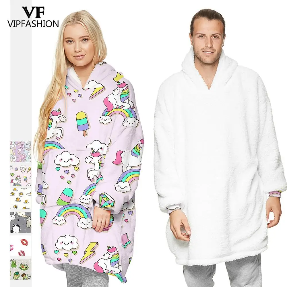 

VIP FASHION Sweatshirt Women Autumn Winter Warm Unicorn Cartoon Printed Oversized Tracksuit Loose Nightgown Blanket Hoodies