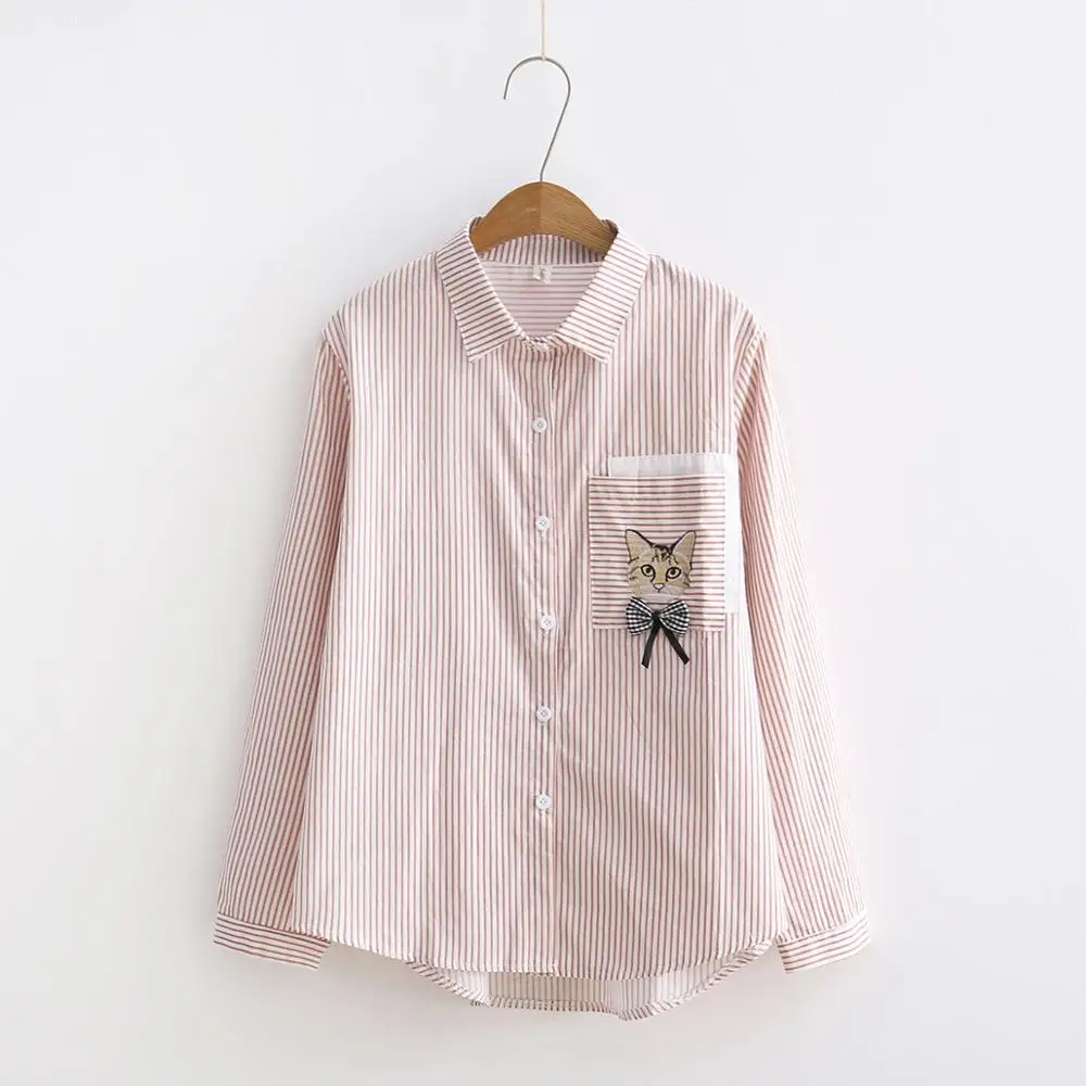 Pink stripe cat Полосатая женская блузка с вышивкой рыбы, Лоскутная, на пуговицах, с отложным воротником, с длинным рукавом, хлопковая рубашка, Blusas Feminina T88011F - Цвет: Pink stripe cat