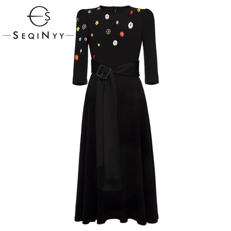 SEQINYY, черное элегантное платье, весна-осень, модный дизайн, женское платье с рукавом 3/4, разноцветное, Кристальное, высокое качество, до колена