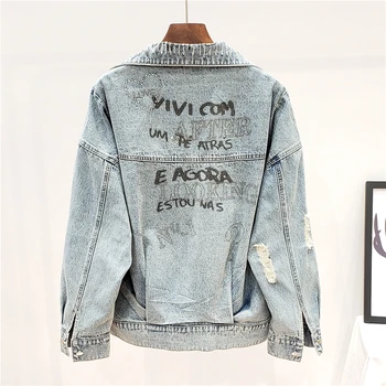 

Back Letter Print Hot Drill Denim Jacket Women Basic Coat Loose Frayed Short Jean Jacket Female Casual Streetwear Chaqueta Mujer