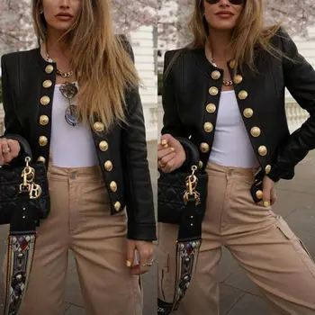 

Women's Ladies Buttons Long Sleeve Jacket Short Coat Biker Casual Tops Blazer