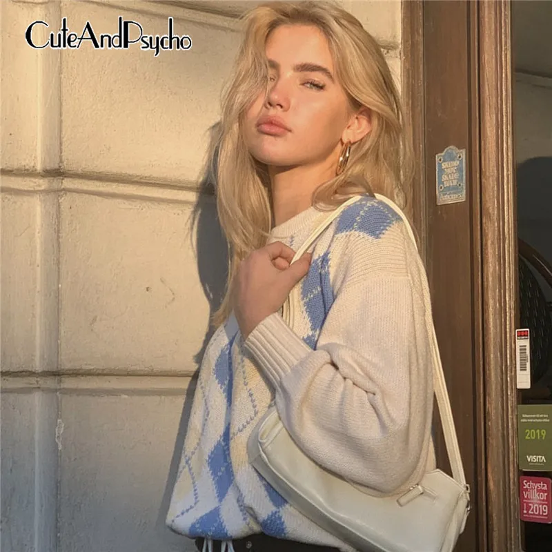 

Autumn Argyle Plaid Pullovers Women Loose Fashion Harajuku Knitted Sweaters Streetwear Aesthetic Knitwears Y2K Top Cuteandpsycho