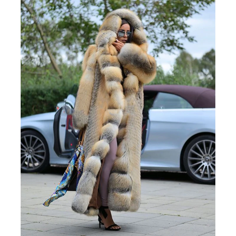 FURSARCAR Luxurious New Women Real Natrual Fox Fur Jacket With Hood X-Long Plus Size New Women Winter Golden Fox Fur Coat