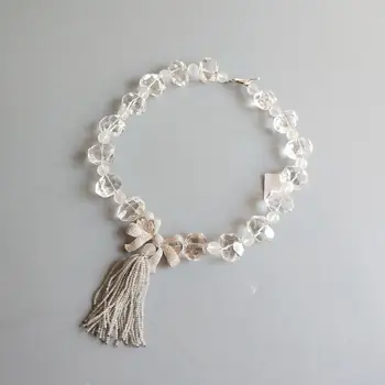 

LiiJi Unique Big Clear Quartzs White Crystal Zircon Bow-knot Labradorite Tassel Necklace OT Clasp 55cm