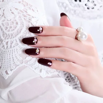 

24pcs/box with 2g glue Nails Coffee Bright Bride Shiny Diamond Medium Round Head Fake Nails Finished Product Beauty Nail tips