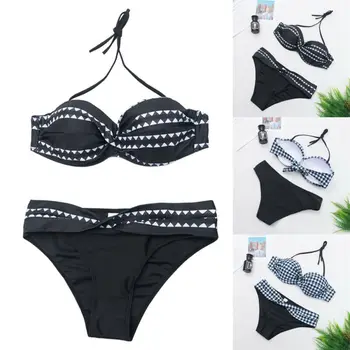 

█Women Push Up Bikini Set Summer Plaid Diamond Bra Padded Swimwear Bandage Lady Swimsuit Split Two Piece High Waist Bathing Suit