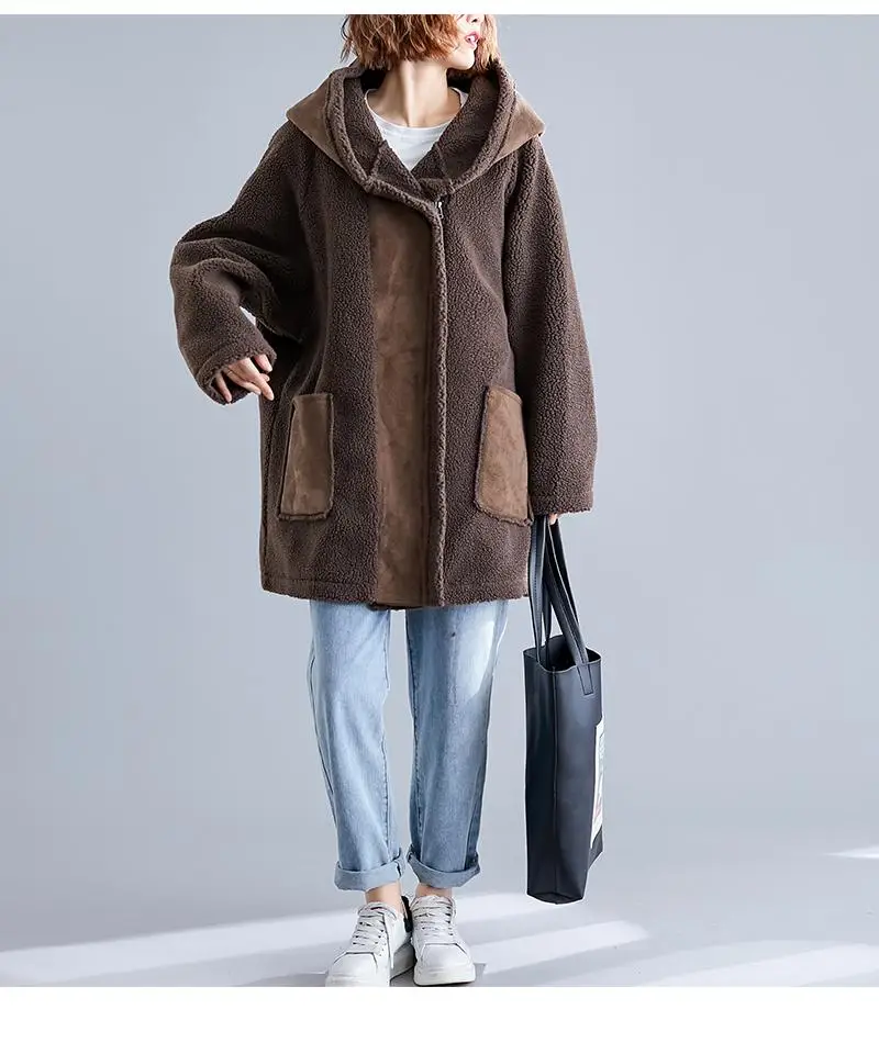 Зимнее пальто размера плюс из искусственного меха с капюшоном и плюшевым мишкой, Женская свободная винтажная куртка из искусственной кожи, длинный мохнатый кардиган