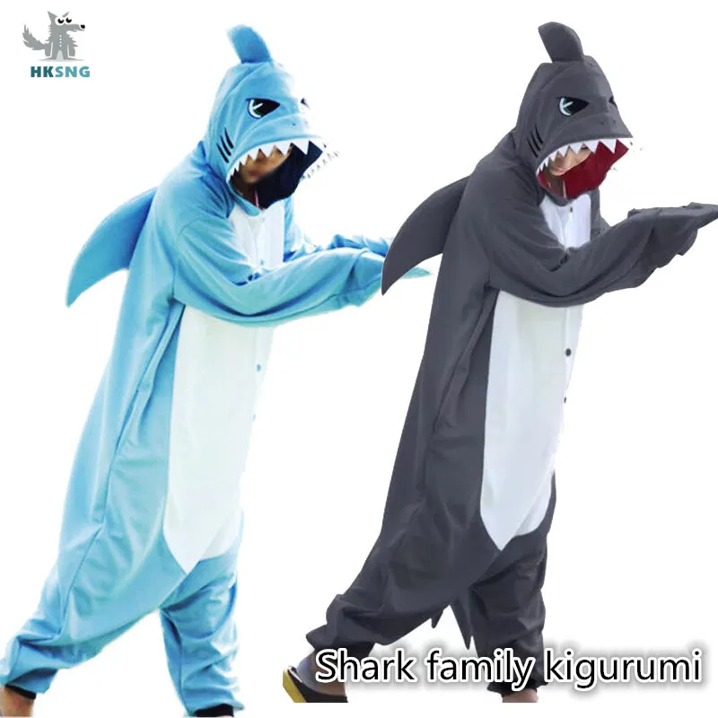 Kigurumi-Pijama de tiburón azul Unisex, mono de dibujos animados de lana  suave, fiesta familiar de