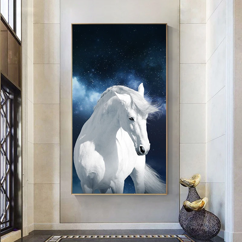 

Animal Painting White Horse On Starry Background Posters Prints Home Decor Canvas Painting Wall Art Pictures Living Room Decor