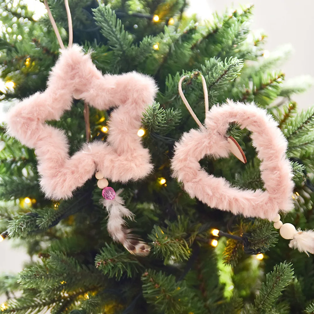 Розовые рождественские украшения, милые рождественские плюшевые украшения, праздничные вечерние рождественские украшения на елку, висячие украшения со звездами, рождественские украшения для дома