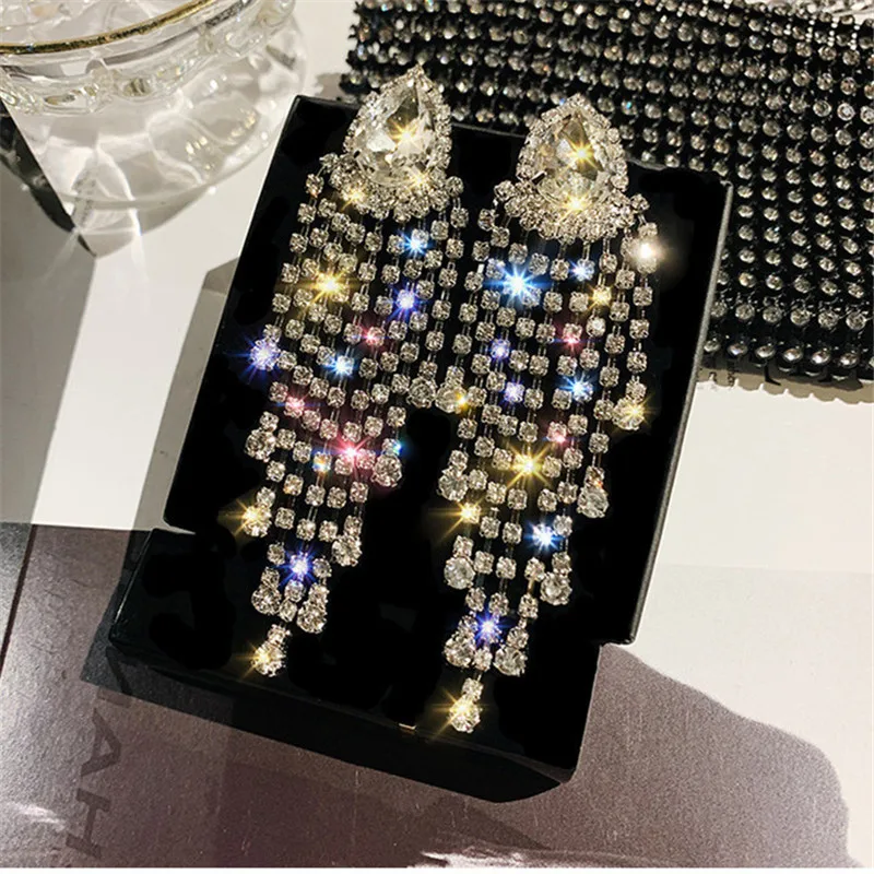 

2019 Shiny Water Drop Crystal Earrings for Women New Bijoux Long Tassel Rhinestone Dangle korean Earrings Party Jewelry