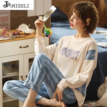 

JRMISSLI New Woman Clothes Pyjamas Women Plus Size Plaid Printing Style Homesuit Homeclothes Long Sleeve Long Pants Pjs Women