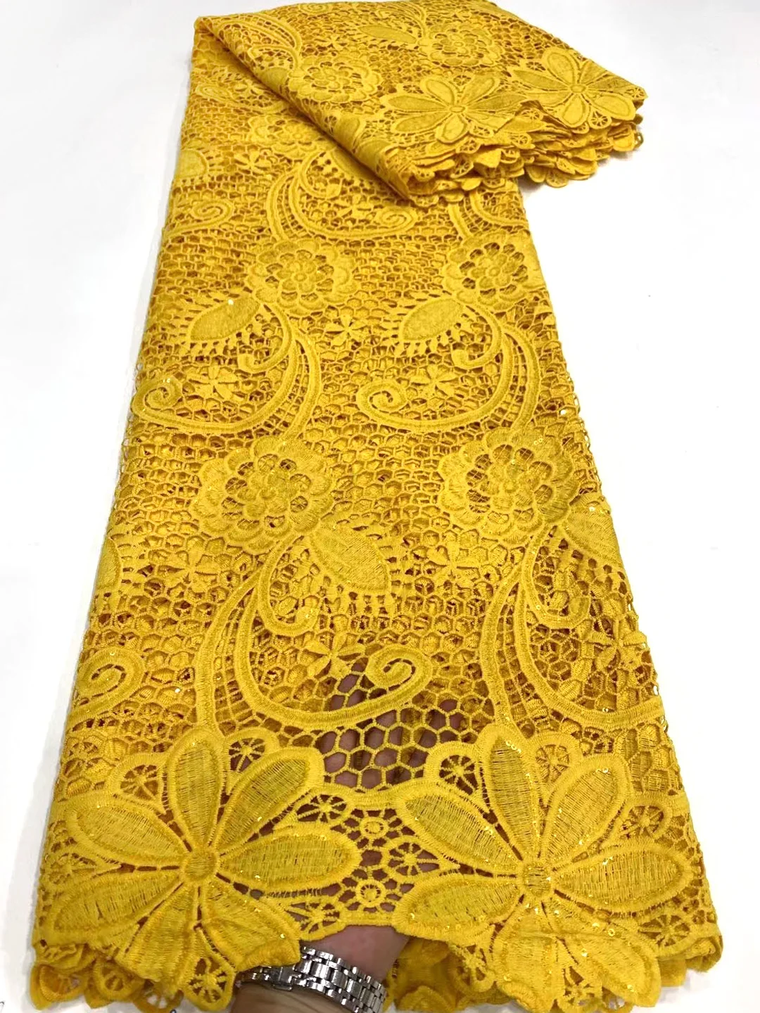 

Yellow African Cord Lace Fabric 2022 African Guipure Cord Lace Fabric Hollowed Out Lace Fabric For Party Celebration Dress D5100