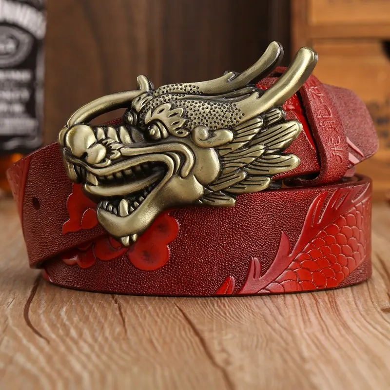 

men's leather belt Dragon totem punk style Embossed Animal Pattern designer belt High Quality cow genuine leather Strap