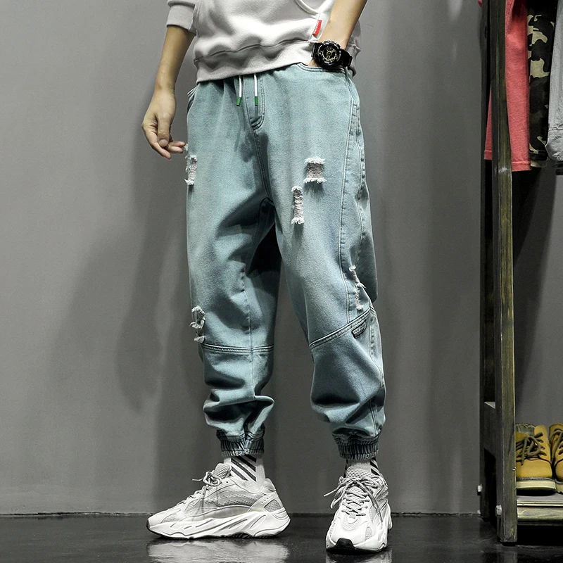 

Ripped Jeans Men's Fashion Washed Solid Color Casual Drawstring Jean Pants Man Streetwear Wild Hip Hop Loose Denim Trousers
