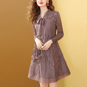 

Gedivoen 2020 Autumn Soikd Purple Midi Dress Women Bow Collar Patchwork Ruffles Dress Fashion Designer A Line Chiffon Dresses