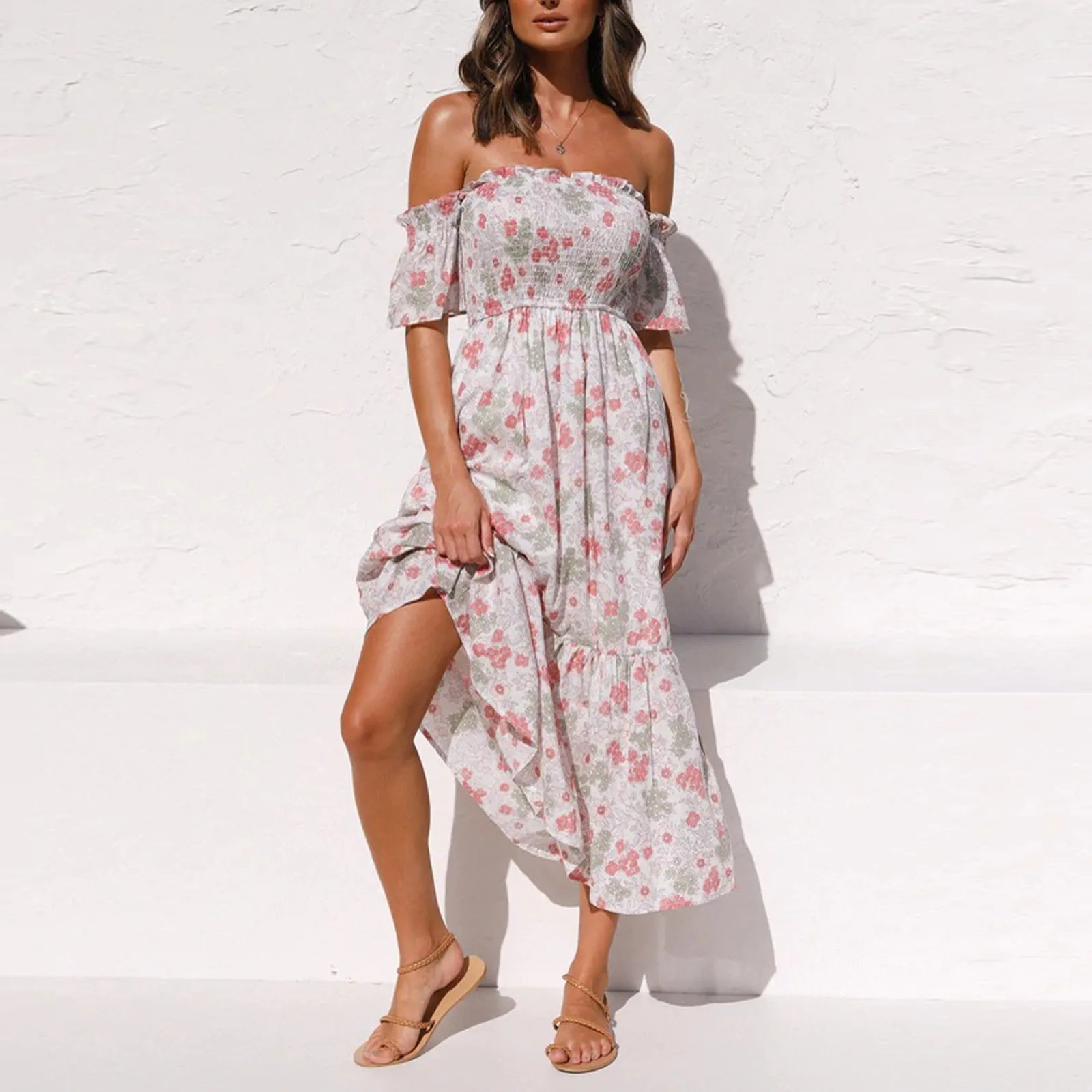 2021 Summer Fashion Women Dresses Printing Shattered Flowers Strapless Wrap Waist Hem Dress Off-Shoulder Casual Holiday Vestidos 2