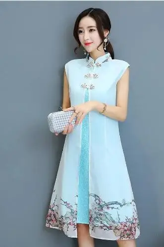 Cheongsam поддельные две части Лето Новое поступление цветок печатных женщина шифон платье