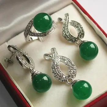 

Hot! high qulity new jewelry silver plated + 12mm green jades bread pendant, earring, , ring set