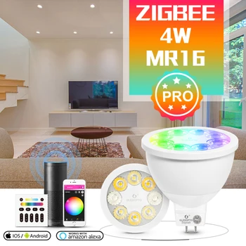 

GLEDOPTO ZigBee 3.0 Smart RGBCCT MR16 Spotlight Pro 4W AC/DC12V Bulb Work With Alexa Echo Plus Phone APP/Voice/RF Remote Control