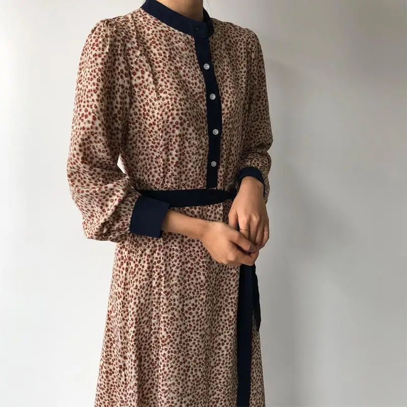 

Office Lady Long Sleeve Floral Dress Women Fashion Printing O-Neck Button Fly Patchwork Empire Chiffon Dress With Belt Sweet
