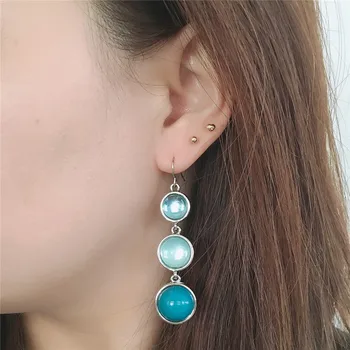 

Casual Rhodium Color Plating Mint Cyan Round Stone Linked Drop Earrings For Women Bohemia Cool Statement Elegant Jewelry