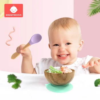 

Baby Feeding Bowl Wooden Baby Tableware Set Silicone Dinner Plate Kids Feeding Dinnerware With Silicone Suction Cup Fork Spoon