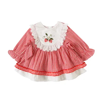 

2020 Infant Girl Dress Spainsh Baby Plaid Cotton Frocks Cherry Embroidery Dresses 1st Birthday Baptism Tunic Boutique Clothing