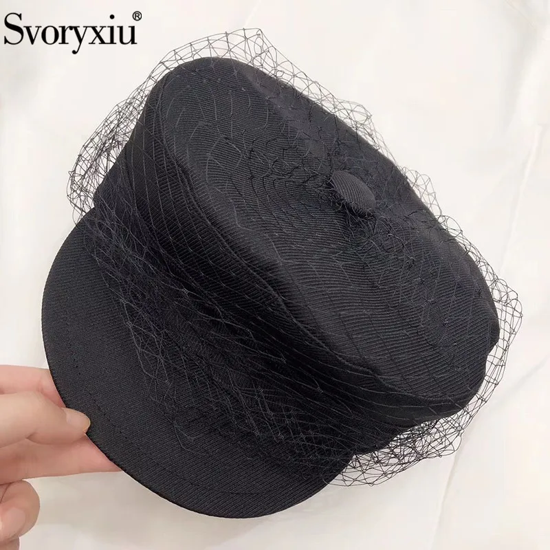 

Svoryxiu Autumn Winter Runway Custom Black Mesh Berets Women's High End Gold Line Embroidery Spider Fashion Hat Berets